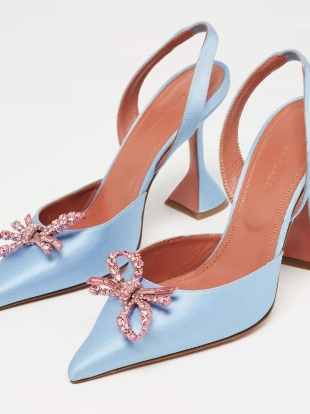Satin Blue Slingback Heels with Pink Crystal Bow